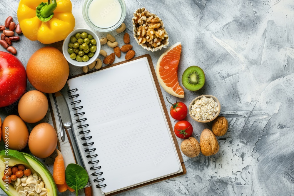 Poster a table with a notebook and a variety of fruits and vegetables. the notebook is open to a blank page
