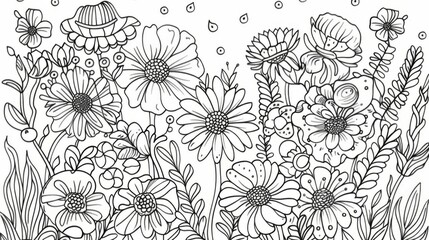 Black and white intricate line art of various flowers and plants in full bloom, showcasing detailed patterns and elegant curving lines that create an artistic floral composition.