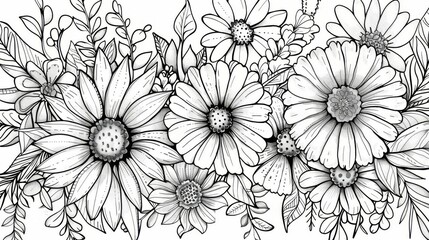 Highly detailed black and white line art sketch of various flowers arranged together, focusing on elegant patterns and forms within the floral compositions, offering a calming view.