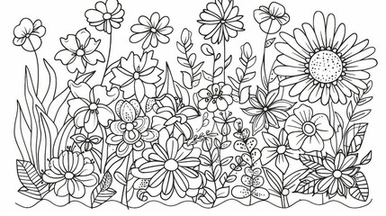 Black and white coloring page featuring various detailed flowers and plants together in a harmonious arrangement, designed for relaxation and creativity through the art of coloring.