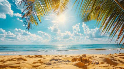 A pristine beach scene bathed in sunlight, with soft golden sand and a perfect canopy of palm leaves, creating a serene and picturesque tropical setting.