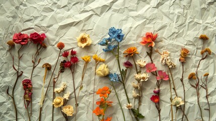 dried flowers of different colors and shapes on the crumpled paper generative ai