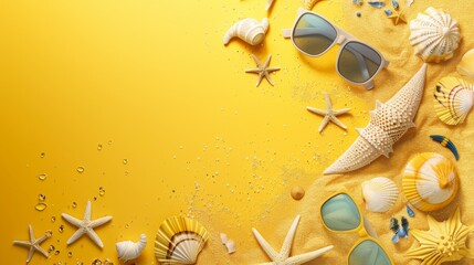 This image depicts beach-themed items including sunglasses, starfish, and seashells on a vivid yellow sandy background, symbolizing a perfect summer beach day.