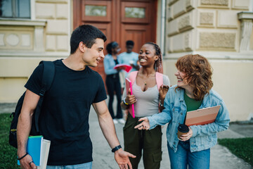 Fototapeta premium Diverse college students near university building entrance chatting.