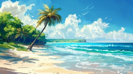 Fototapeta premium This artwork depicts a stunning tropical beach scene featuring clear blue waters, bright skies, and a lone palm tree leaning towards the ocean, evoking a sense of tranquility and natural beauty.