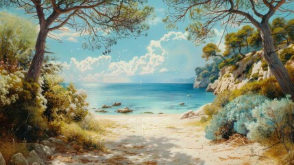 A picturesque scene of a hidden beach, viewed from a sandy pathway surrounded by lush trees and blooming flowers, opening up to a tranquil blue sea under a bright sky.