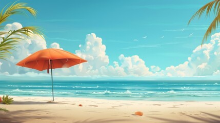A quiet beach scene showcasing an orange umbrella on the sandy shore, with turquoise waters, blue sky filled with fluffy clouds, and surrounding lush green palm leaves.