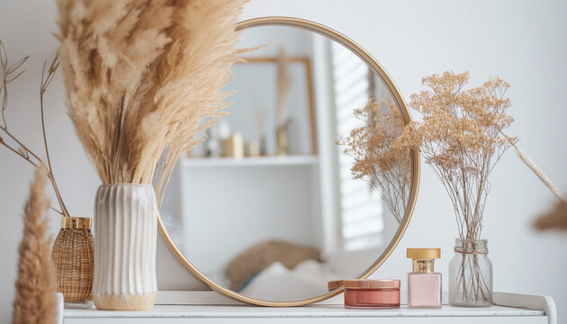 A minimalist interior design featuring a round mirror, dried plants, and simple decorative items on a white dresser.
