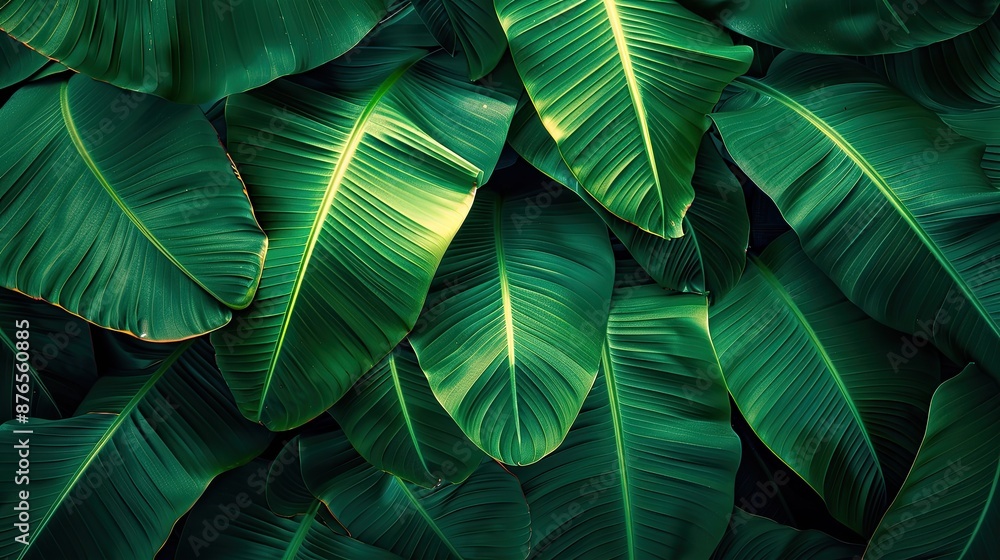 Poster a close up of green leaves with a black background. the leaves are very large and are spread out in 