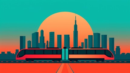 Public transit systems depicted by efficient, modern trains and buses promoting eco-friendly commuting options for reducing urban pollution. Background Illustration, Bright color tones, , Minimalism,