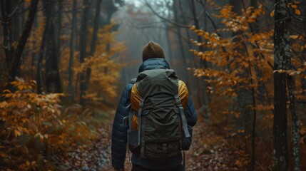 person with hiking equipment, walking on a trail in the forest generative ai