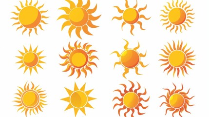 A vibrant collection of yellow-orange sun icons with diverse shapes and designs, perfect for adding a touch of warmth and cheerfulness to any graphic or design project.