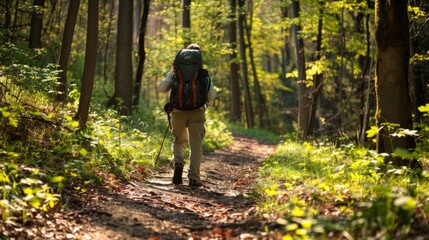 Obraz premium person with hiking equipment, walking on a trail in the forest generative ai