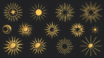 A collection of gold sun symbols with minimalistic and geometric designs, each radiating simplicity and elegance, representing light, warmth, and serenity.