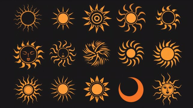 A collection of twelve different stylized sun icon designs, featuring an array of creative, intricate patterns set against a dark background, showcasing diverse artistic styles.
