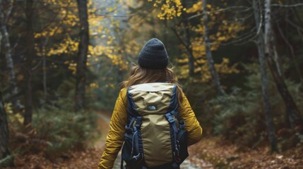 person with hiking equipment, walking on a trail in the forest generative ai