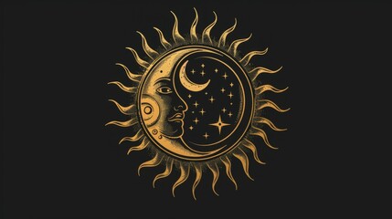 Fototapeta premium This image illustrates a sun and moon face surrounded by various celestial objects, including stars and a crescent moon, all placed within an artistic circular frame.
