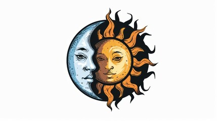 This detailed artistic illustration shows the sun and moon merging, embodying unity and balance, with intricate design that highlights celestial harmony and human connection.