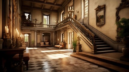 Luxury interior of an old castle. Panoramic photo