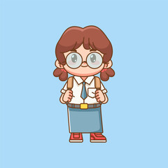 Cute girl Indonesian senior high school carrying backpack kawaii chibi character mascot illustration