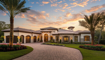 A luxurious mansion with a beautifully landscaped front yard, captured at sunset with a dramatic sky.