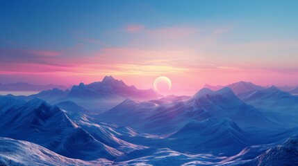 A serene depiction of a mountain range bathed in soft pastel hues at dawn, showcasing the beauty of nature under the glowing morning sky with a rising sun.