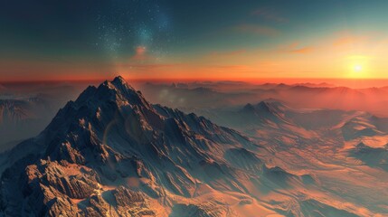 Fototapeta premium A breathtaking twilight view of a majestic mountain covered in twilight hues, dusted with a golden glow, with the sky transitioning from blue to warm tones.