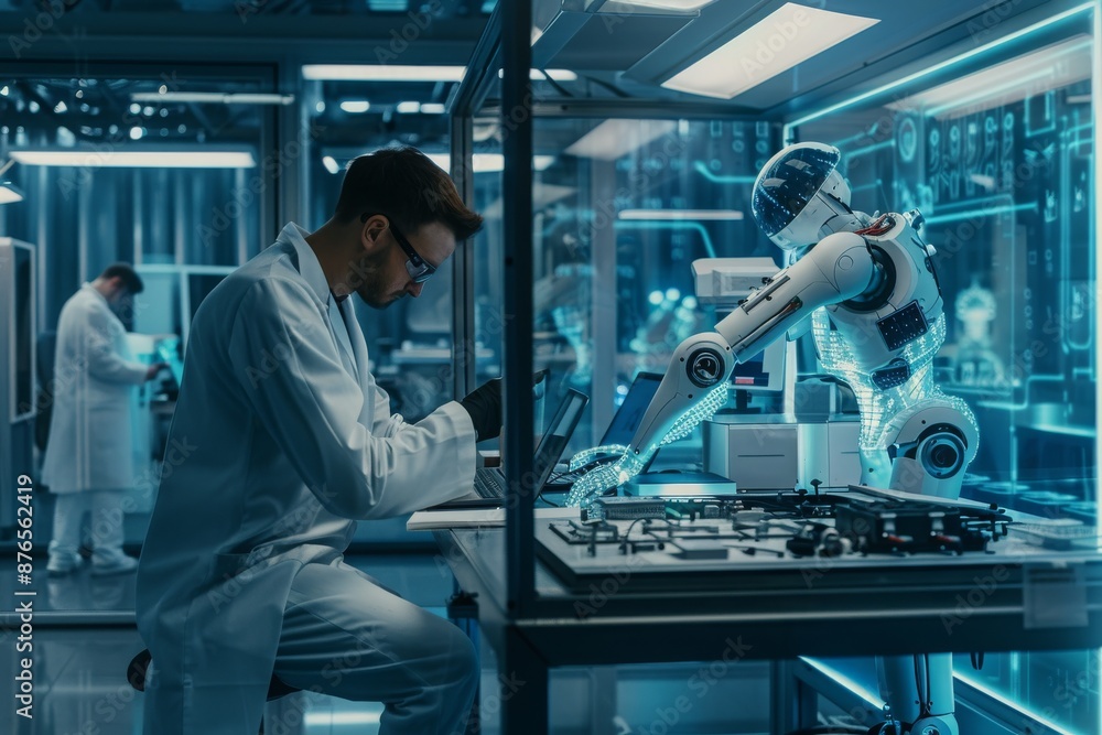 Poster scientist working with a robot in a high-tech lab