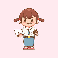 Cute girl Indonesian senior high school hold laptop kawaii chibi character mascot illustration