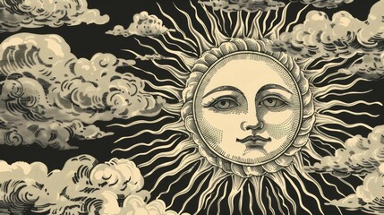 Fototapeta premium A vintage, detailed illustration of the sun with a human face, surrounded by clouds, reflecting a serene, peaceful atmosphere and connection to celestial bodies.