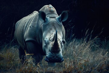 Obraz premium A rhino is standing in a field of tall grass. The rhino is looking at the camera, and the image has a moody, dark atmosphere