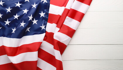 Obraz premium American flag, white wood, top view with copy space.