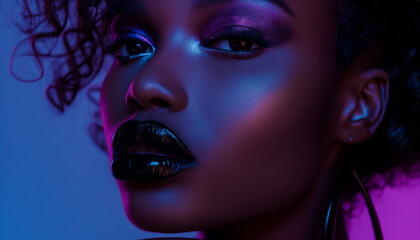 A woman with glowing dark skin and glossy black lips, highlighted by purple and blue lighting, looking intensely at the camera.