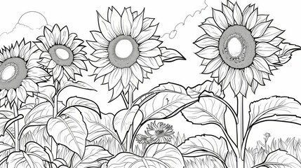 This line art illustration depicts four blooming sunflowers in a lush garden under clear skies, capturing the beauty and vitality of nature in a simple yet elegant manner.