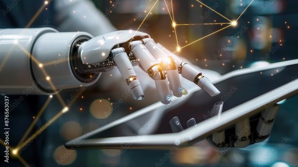 Aufkleber robot touches a digital tablet to provide access to information and data in an online network