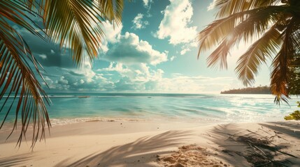 Fototapeta premium A beautiful sunlit tropical beach with leaning palm trees framing the serene ocean waves, under a partly cloudy sky, creating an idyllic and tranquil atmosphere.