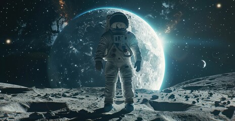 Obraz premium Astronaut Standing on the Moon with Earth in the Background