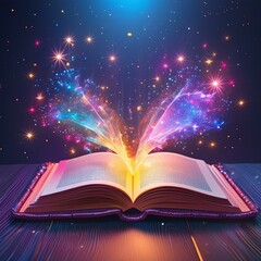 Whimsical magical fantasy dust and sparkles coming from an open book