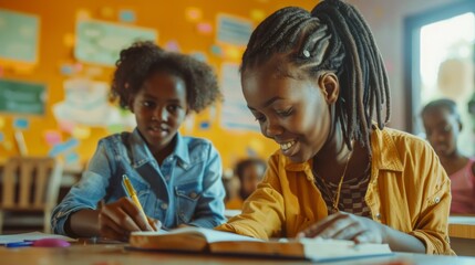 Two young students are engaged in a collaborative classroom activity, happily working together on an assignment, demonstrating teamwork and shared learning in a lively setting.