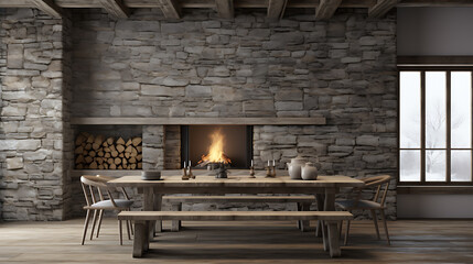 Cozy rustic dining room with a fireplace, wooden table and chairs, warm brown and gray tones, perfect for winter holidays and family gatherings. 
