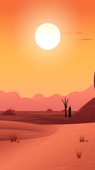 Orange sunset desert landscape with a silhouette of a person and a tree, perfect for travel and adventure designs. 
