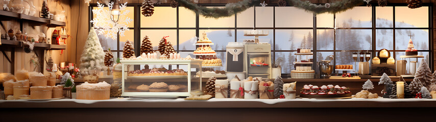 Fototapeta premium A winter wonderland bakery scene with warm brown wood and white snow, showcasing a festive holiday dessert spread. 