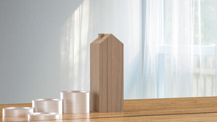 The coins and wood house for property and real estate concept 3d rendering.