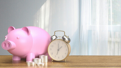 The piggy bank and clock for earn and saving concept 3d rendering.