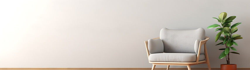 A minimalist living room with a grey armchair and a green plant, perfect for modern interior design. 
