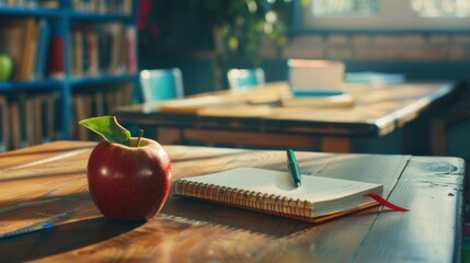A quiet, sunlit classroom featuring an apple and a notebook on a wooden desk, symbolizing a serene and focused study environment for students.