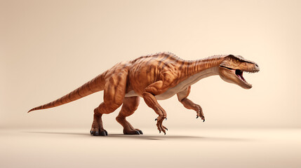 A realistic brown dinosaur with sharp teeth roars against a beige background, evoking a sense of prehistoric power and danger. 
