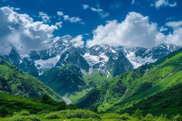 Majestic Mountain Range with Snow-capped Peaks and Lush Greenery