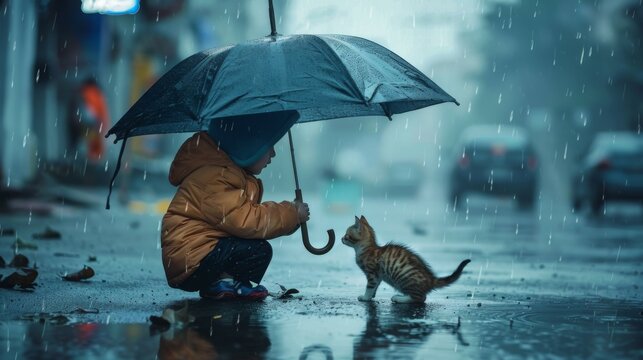 A serene and emotional scene of a child sitting under an umbrella with a small kitten during a rainy day, highlighting themes of care, innocence, and protection in an urban environment.
