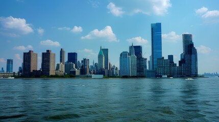 A panoramic view of a city's skyline during the day, highlighting a mix of old and new architecture standing tall against a backdrop of clear blue skies and serene waters.